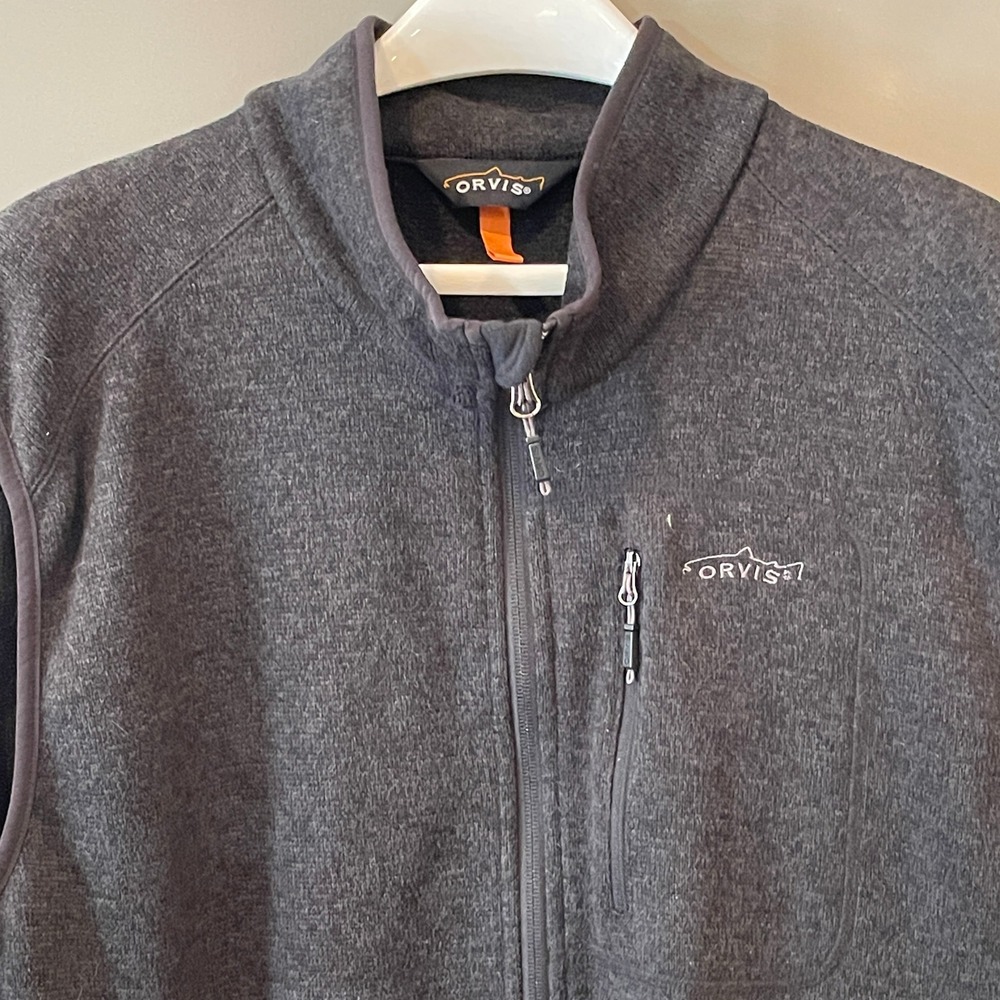 Orvis Mens Full Zip Fleece Sweater Vest Charcoal Gray Heather Mock Neck XL